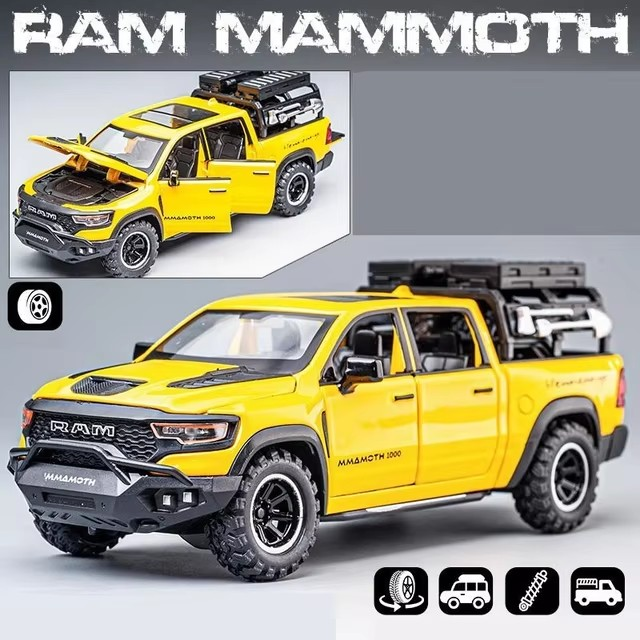 1:32 Dodge RAM Mammoth Pickup Truck Off Road Alloy Toy Car Model Sound & Light Pull Back Collection Gift For Boys Children Kid