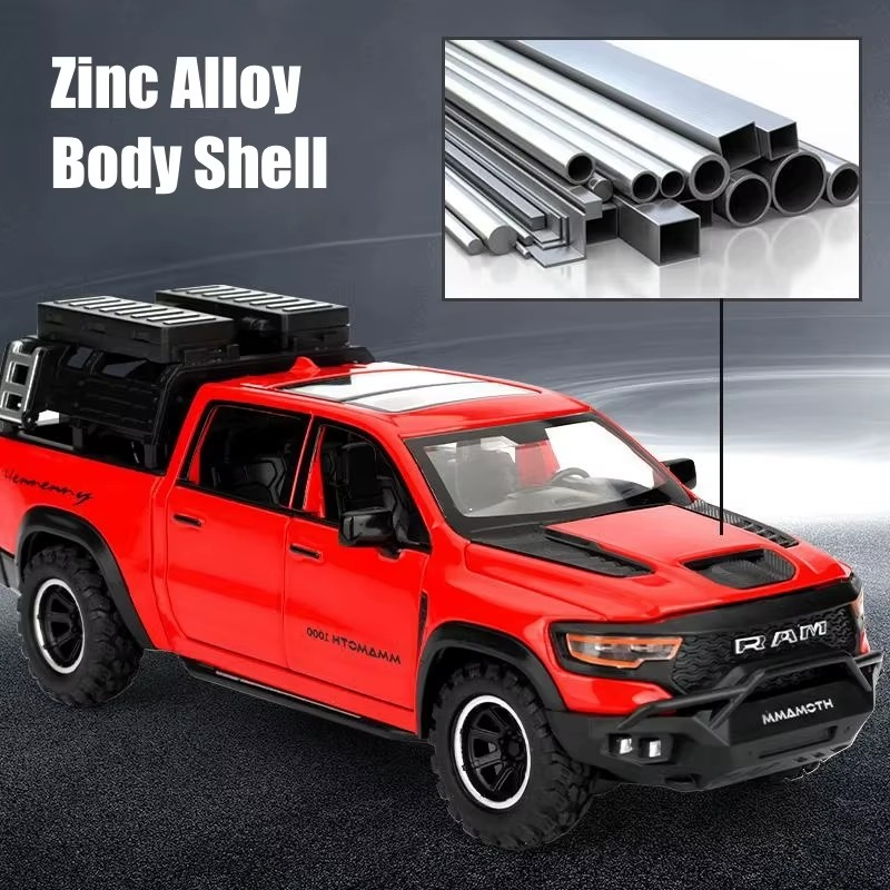 1:32 Dodge RAM Mammoth Pickup Truck Off Road Alloy Toy Car Model Sound & Light Pull Back Collection Gift For Boys Children Kid