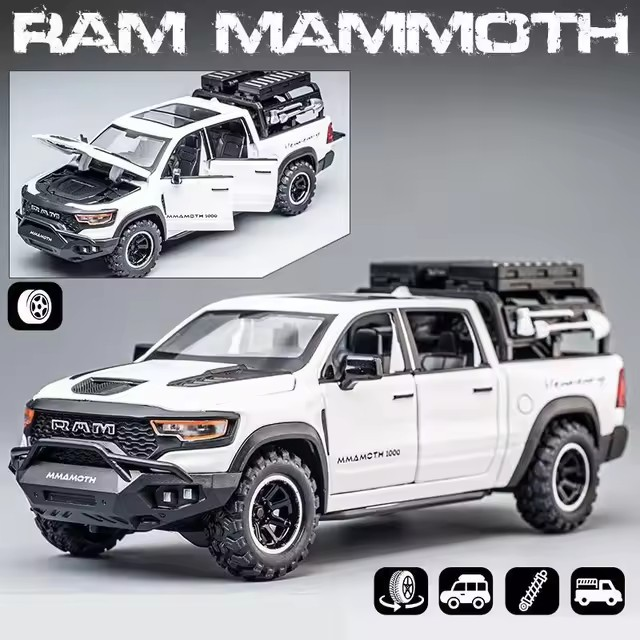 1:32 Dodge RAM Mammoth Pickup Truck Off Road Alloy Toy Car Model Sound & Light Pull Back Collection Gift For Boys Children Kid