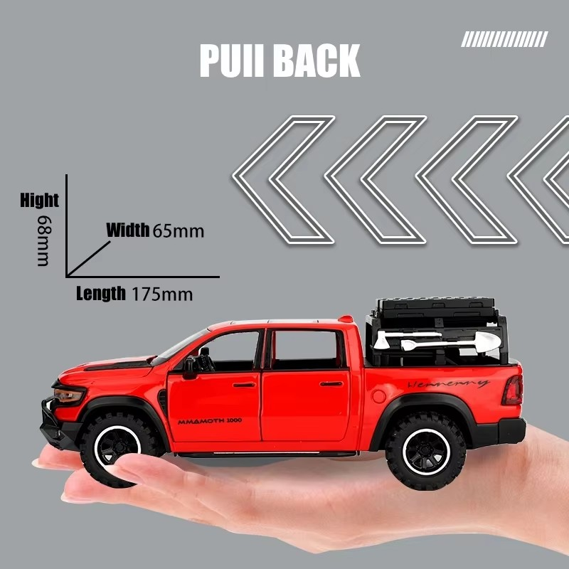 1:32 Dodge RAM Mammoth Pickup Truck Off Road Alloy Toy Car Model Sound & Light Pull Back Collection Gift For Boys Children Kid