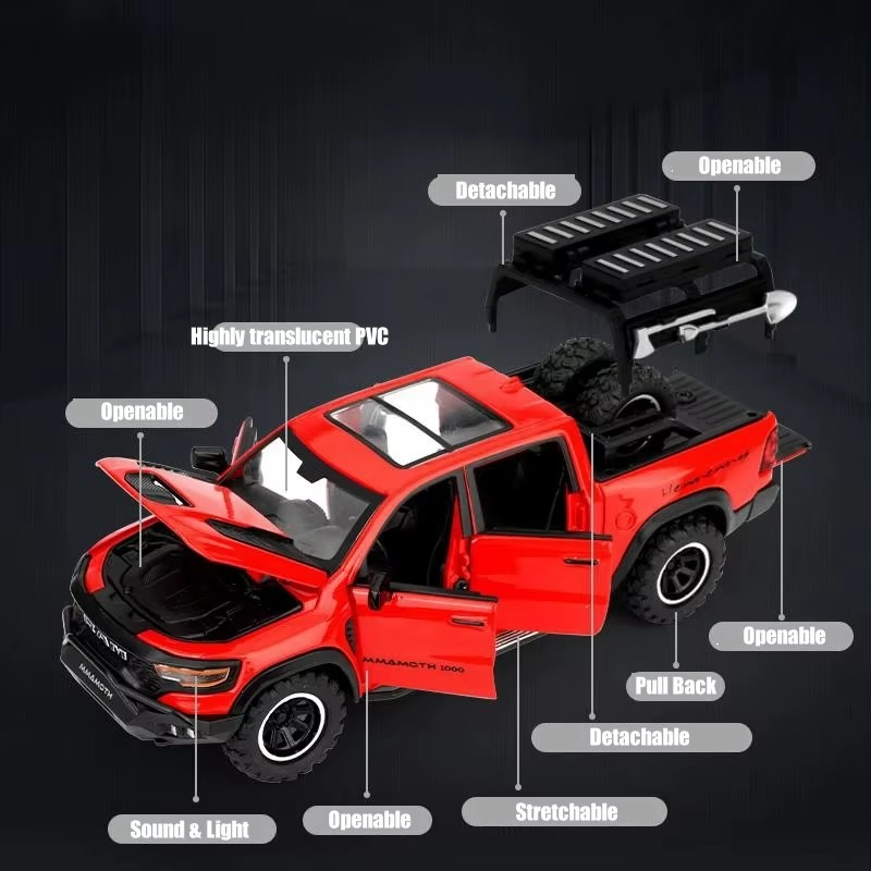 1:32 Dodge RAM Mammoth Pickup Truck Off Road Alloy Toy Car Model Sound & Light Pull Back Collection Gift For Boys Children Kid