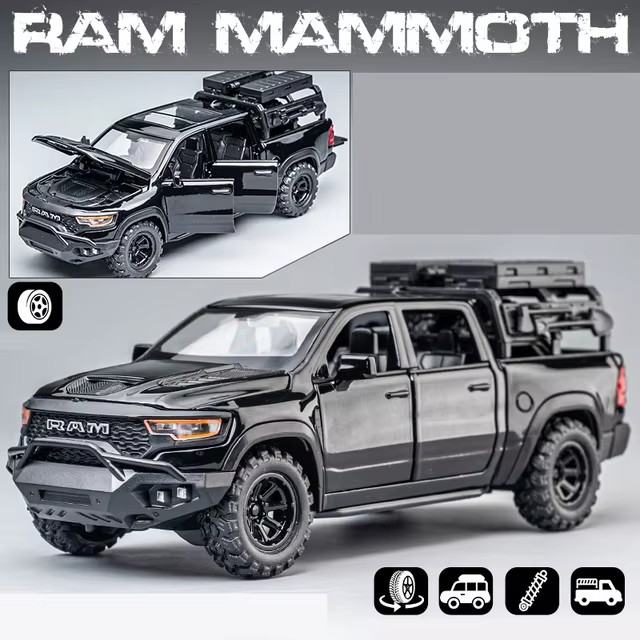 1:32 Dodge RAM Mammoth Pickup Truck Off Road Alloy Toy Car Model Sound & Light Pull Back Collection Gift For Boys Children Kid